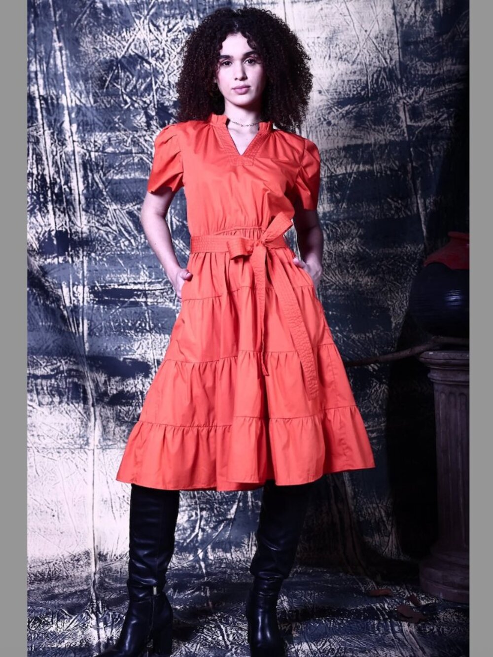 Maude Vivante Burnt Orange Tiered Midi Dress L